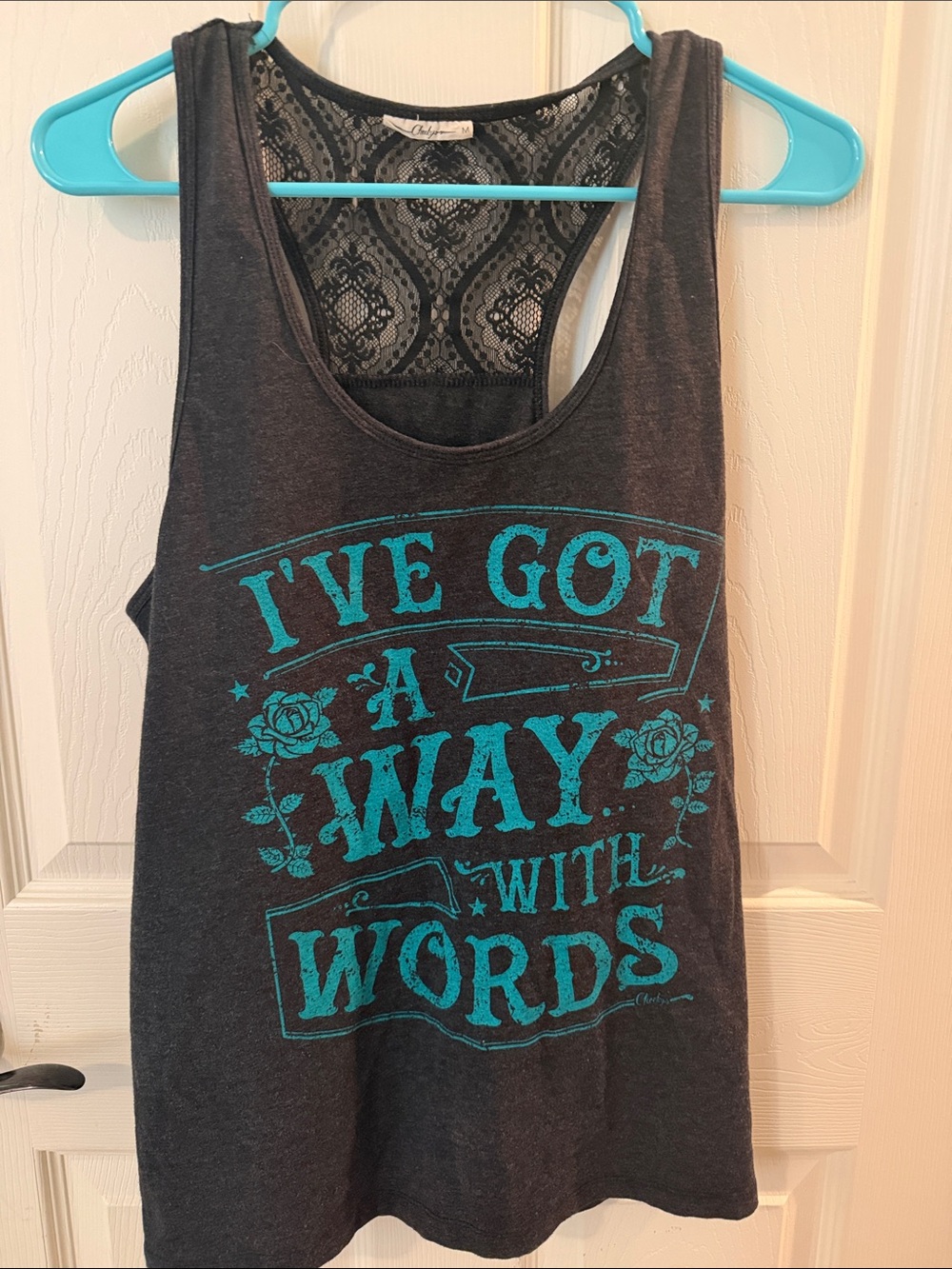 Women's Charcoal Graphic Lace-Back Tank Top with Teal Print
